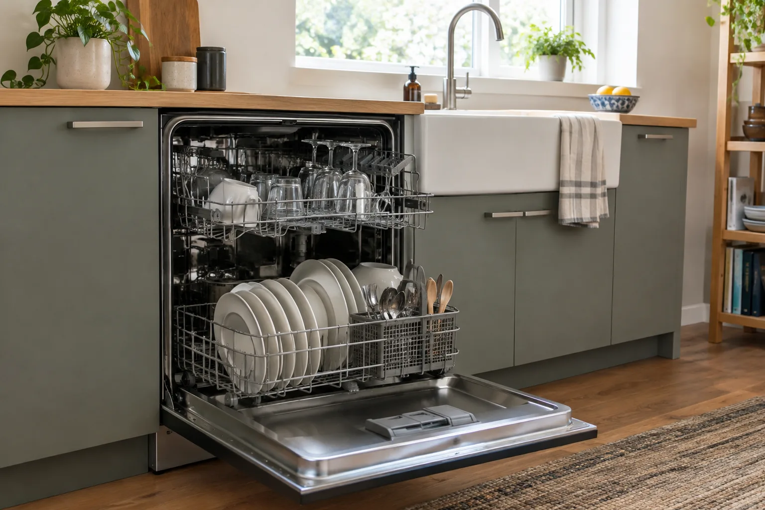 Lave-vaisselle ouvert avec des assiettes et des verres bien disposés dans ses paniers.