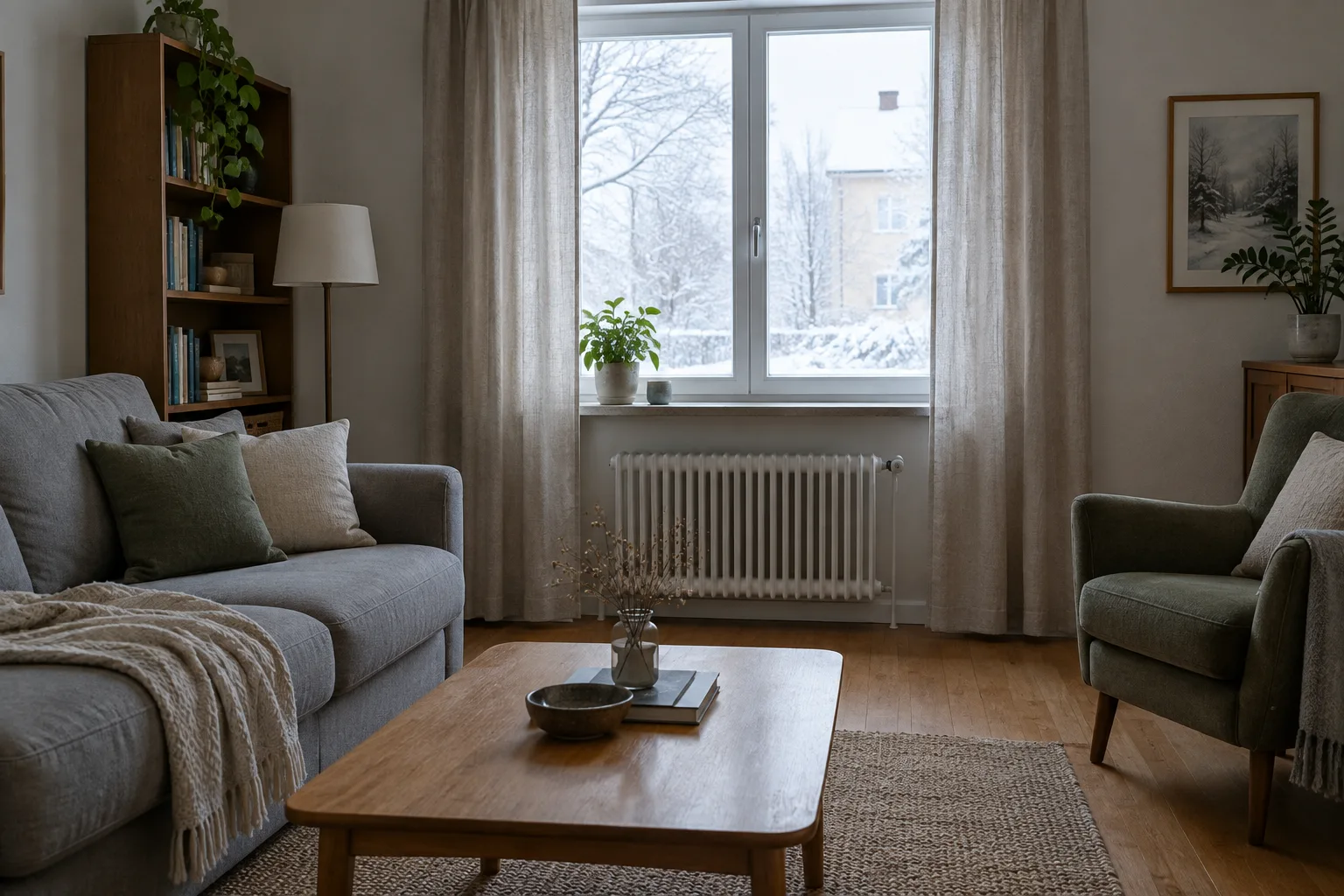 Fenêtre fermée dans un salon lumineux, avec un rideau et un radiateur en dessous.