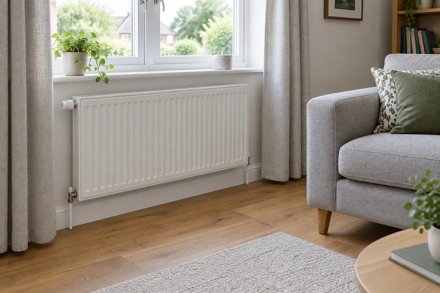 Radiateur dégagé avec un canapé éloigné et des rideaux qui ne le recouvrent pas.