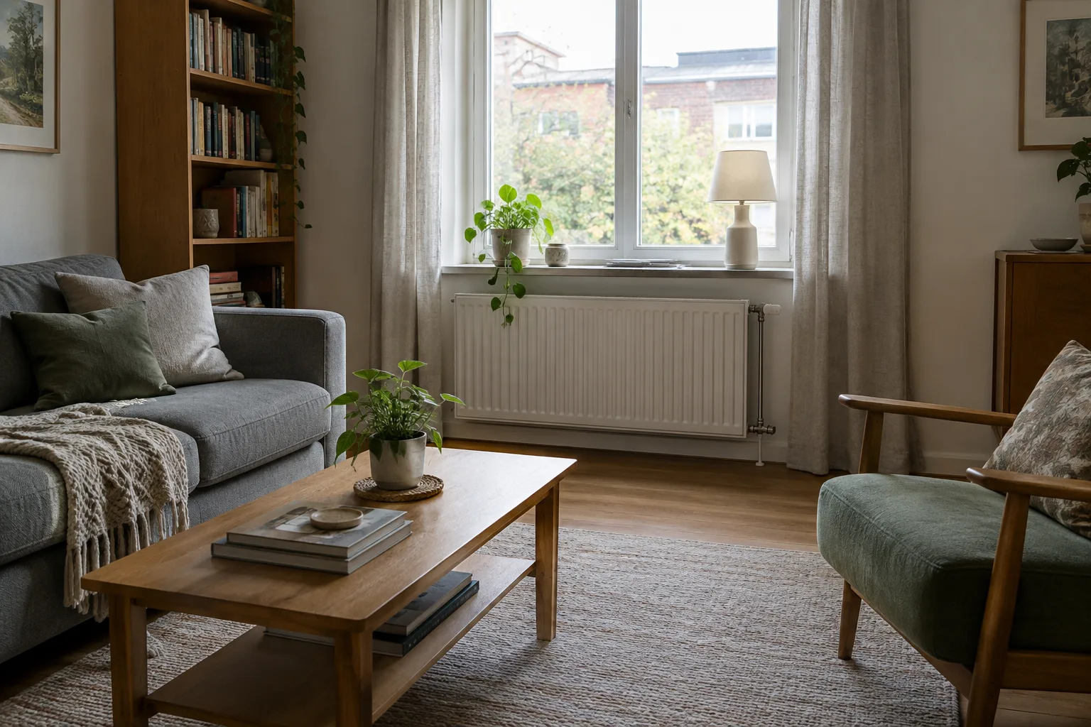 Radiateur dégagé sous une fenêtre, avec un fauteuil placé à distance.
