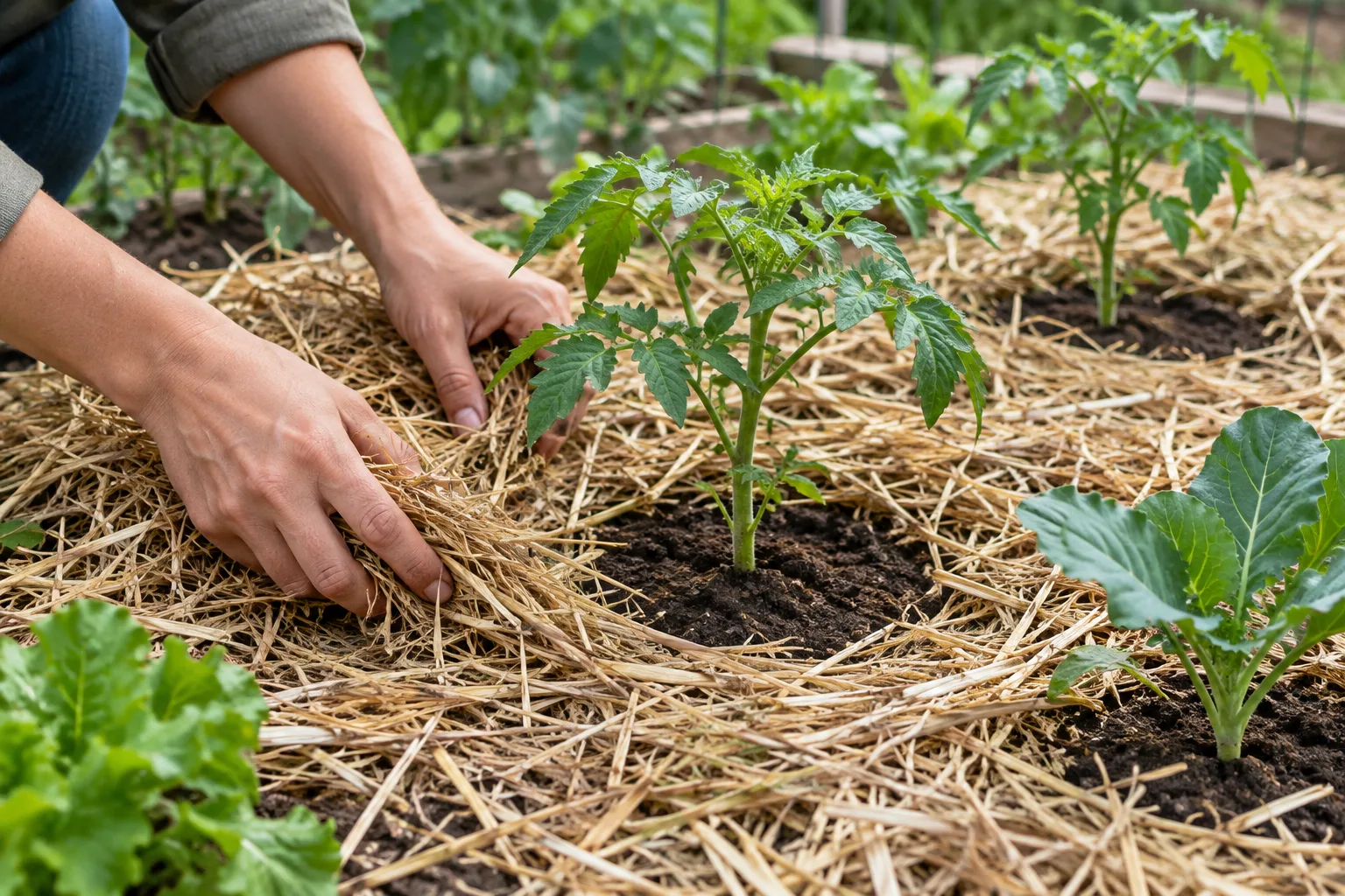 Des mains étalent de la paille autour de jeunes plants en laissant leur base dégagée.