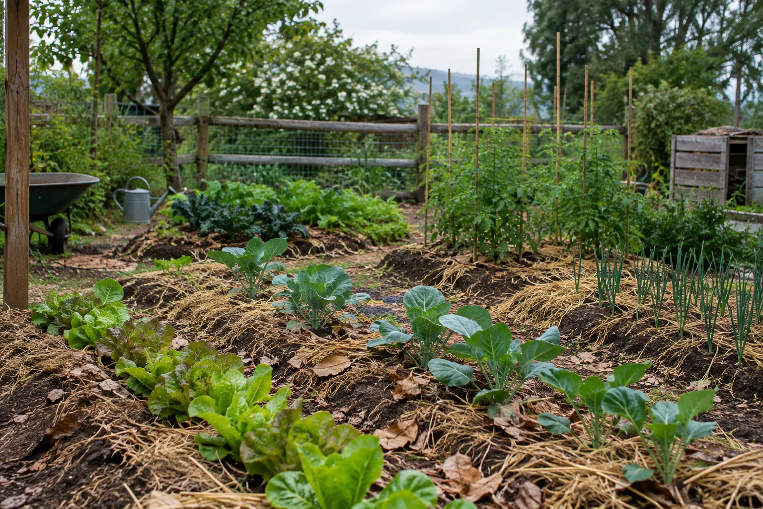 Des rangs de jeunes légumes protégés par un paillis de paille et de feuilles sèches.