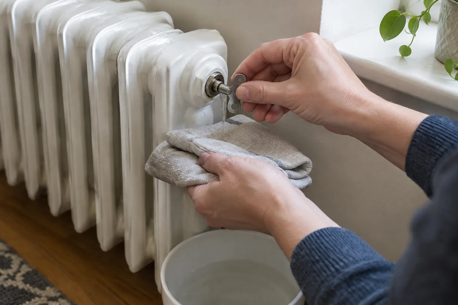 Une clé de purge et un récipient placés près de la valve d’un radiateur à eau.