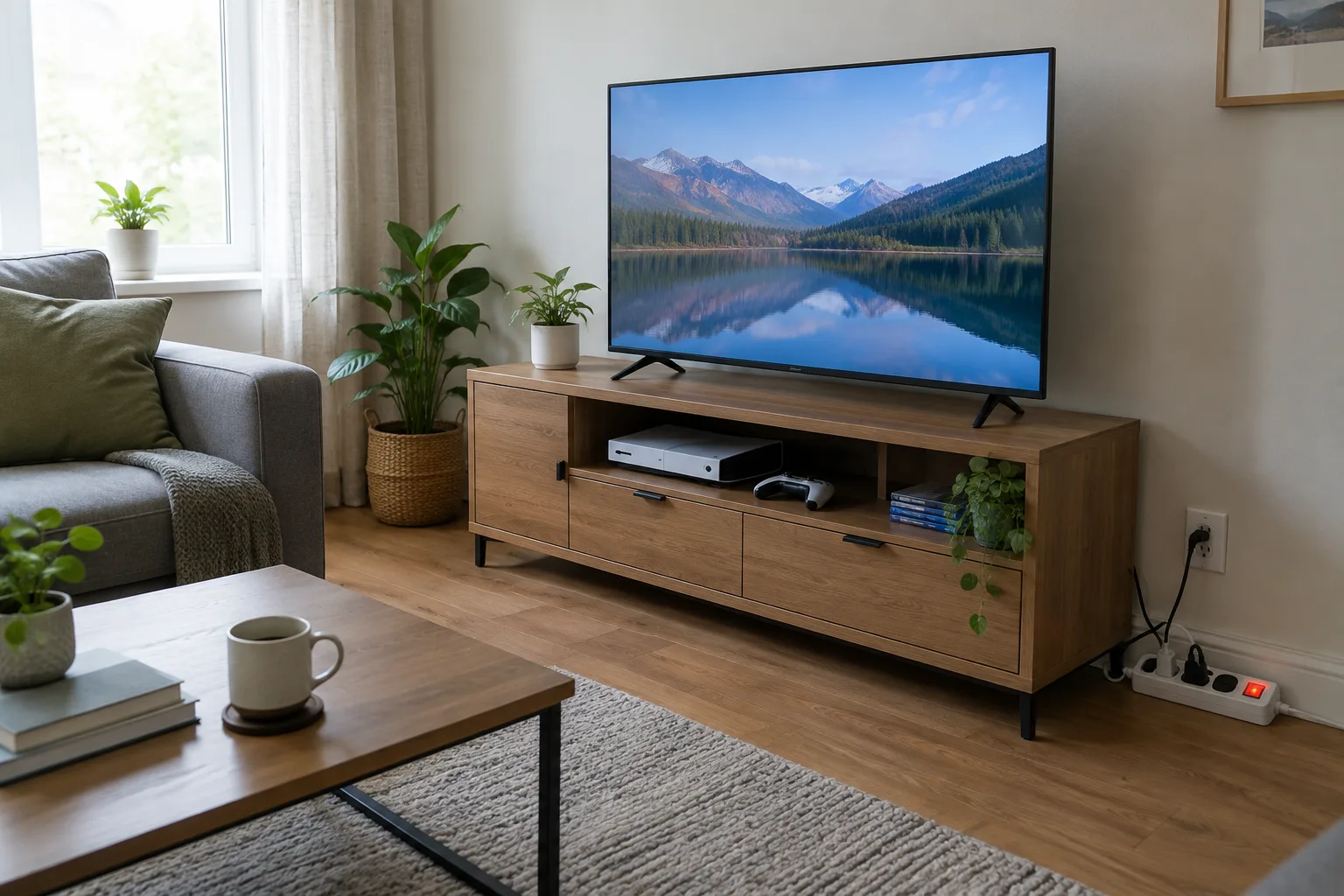 Téléviseur et console installés près d’une multiprise à interrupteur dans un salon.