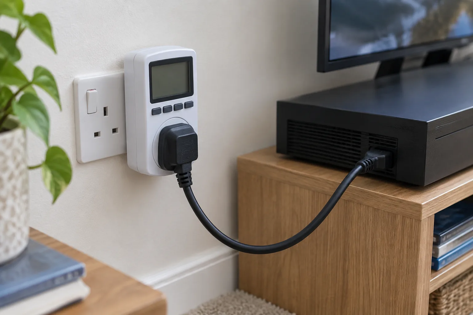 Un wattmètre branché entre une prise murale et un appareil électronique.