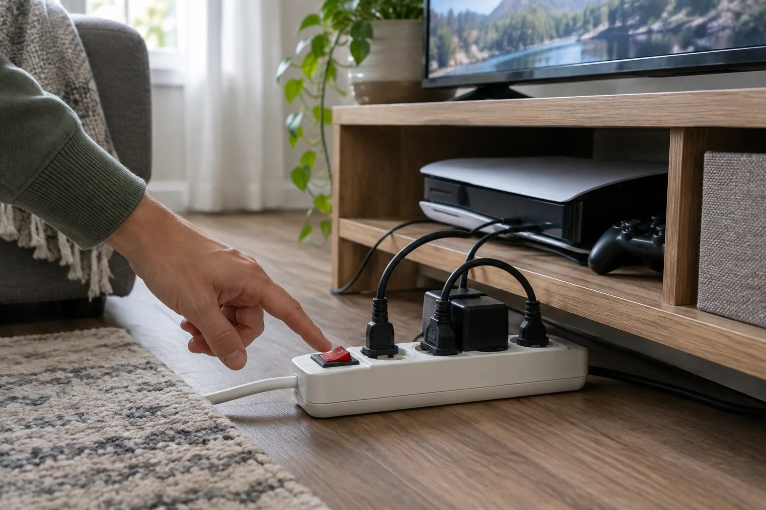 Une main s’apprête à couper l’alimentation d’une multiprise près d’un téléviseur et d’une console.