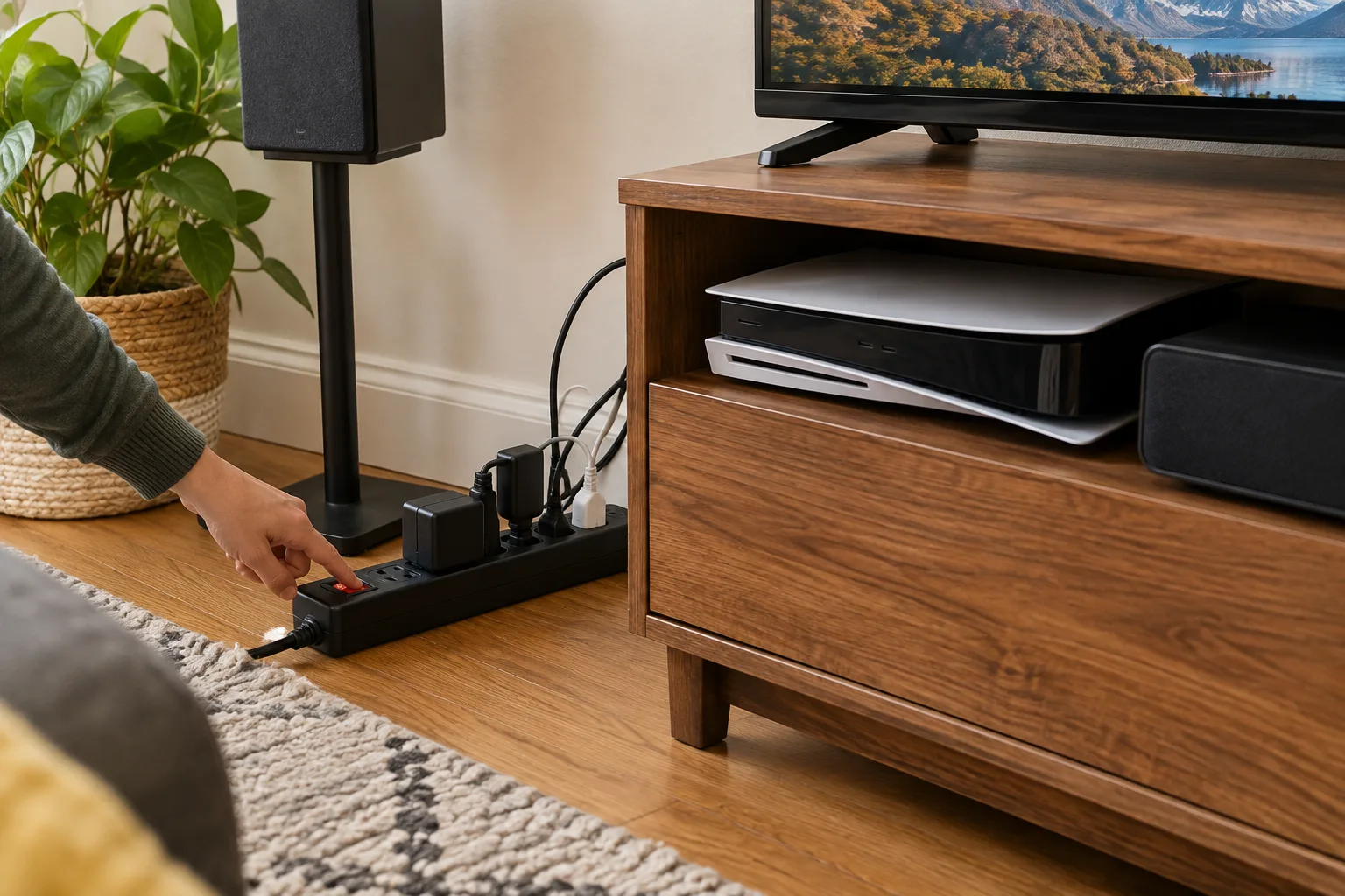 Une main coupe une multiprise qui alimente les appareils d’un coin télévision.