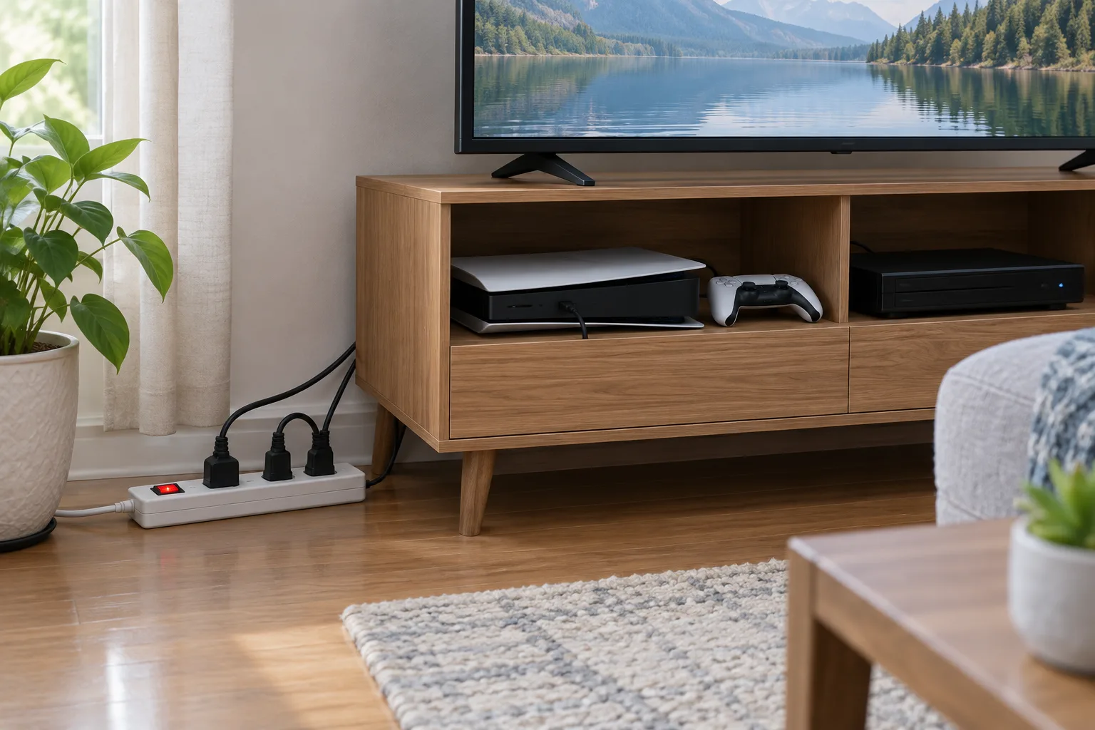 Une multiprise accessible regroupe un téléviseur, une console et un lecteur.