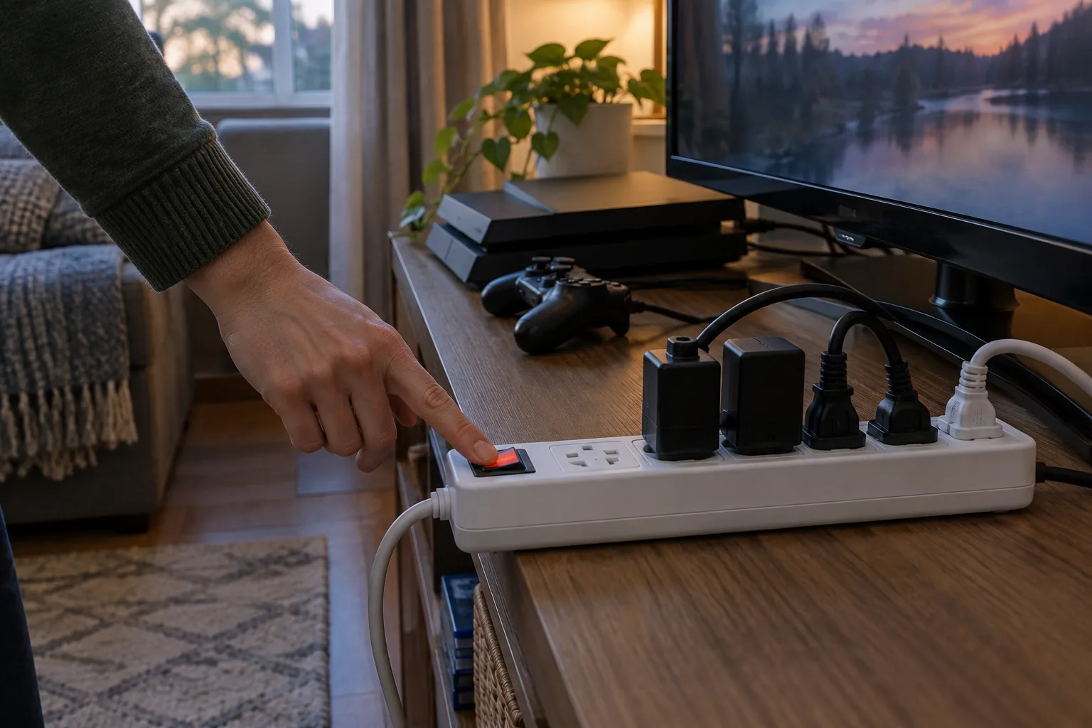 Une main actionne l’interrupteur d’une multiprise près d’un téléviseur et d’une console.