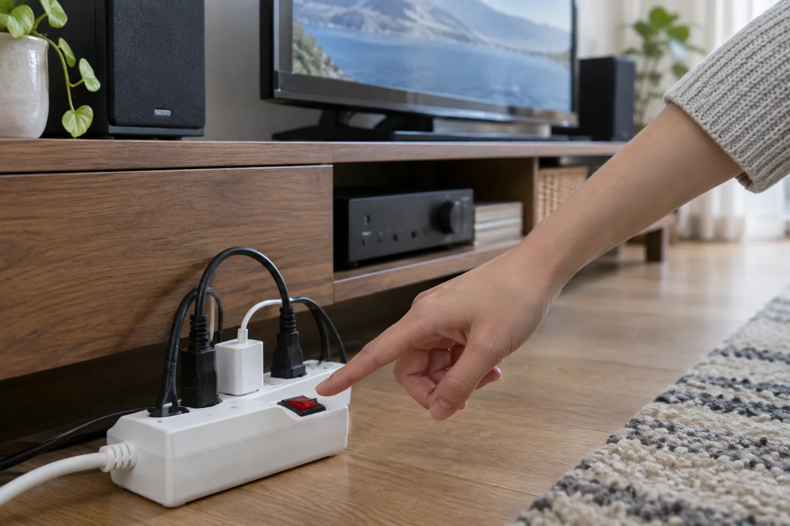 Une main s’apprête à éteindre une multiprise placée près d’un meuble de télévision.