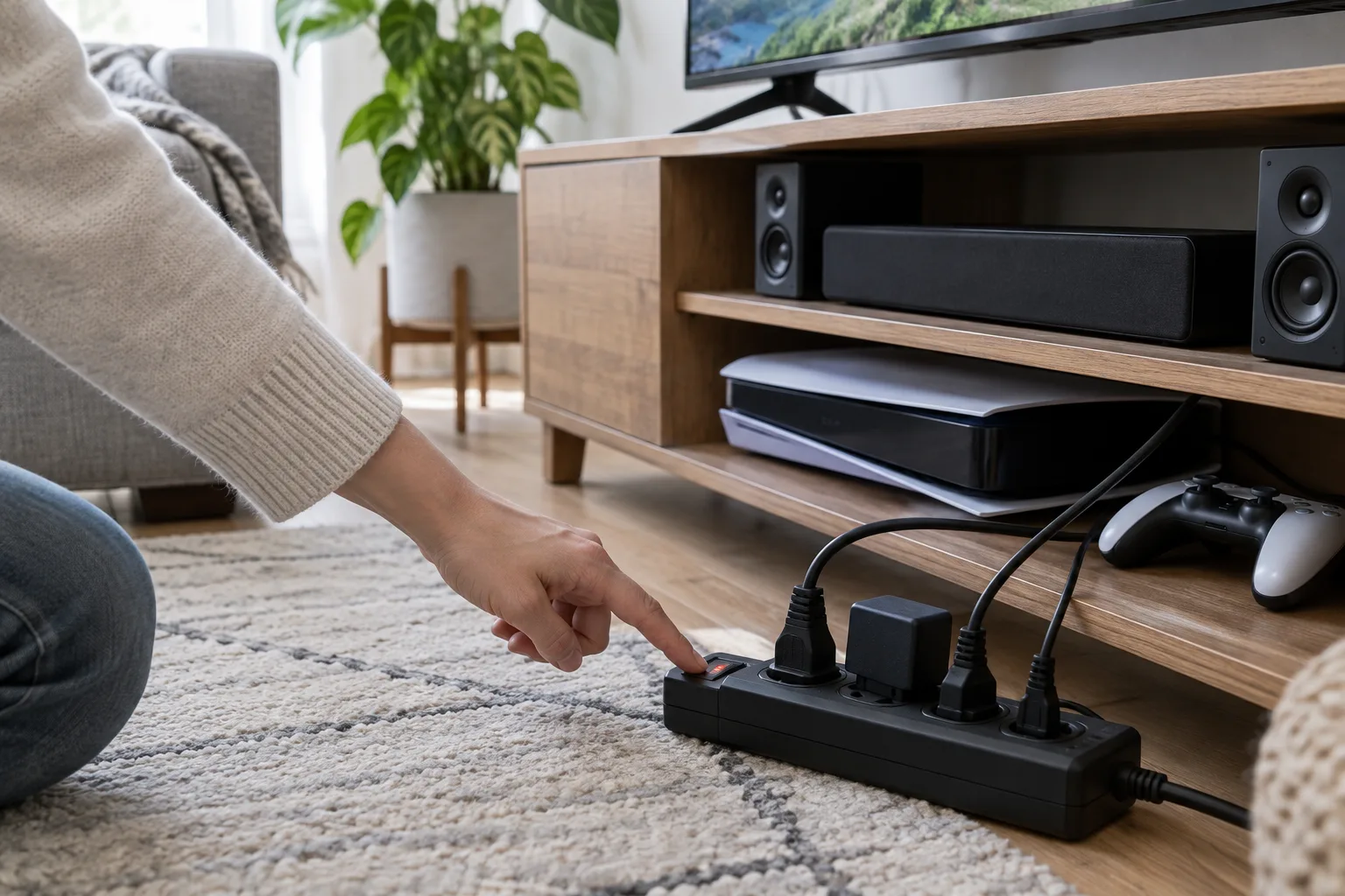 Une multiprise avec interrupteur alimente plusieurs appareils de divertissement regroupés.
