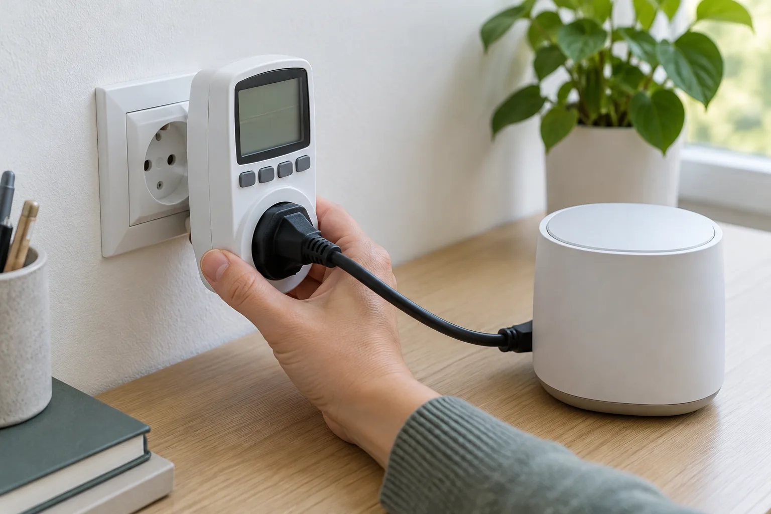 Un wattmètre branché entre une prise et un appareil permet de vérifier sa consommation.