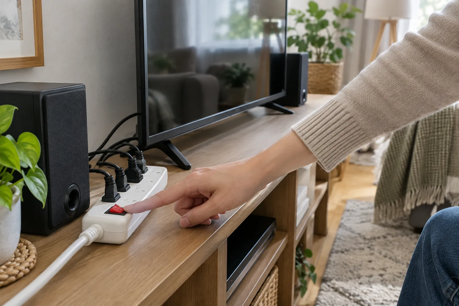Une main actionne l’interrupteur d’une multiprise près d’un téléviseur et d’enceintes.