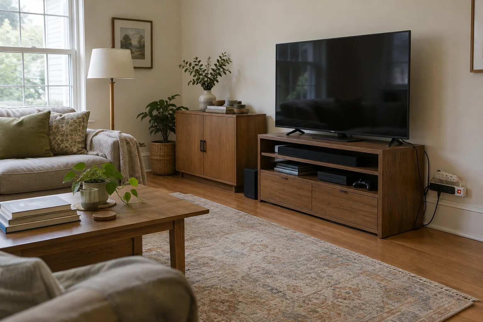 Des appareils du coin télévision sont reliés à une multiprise avec interrupteur.
