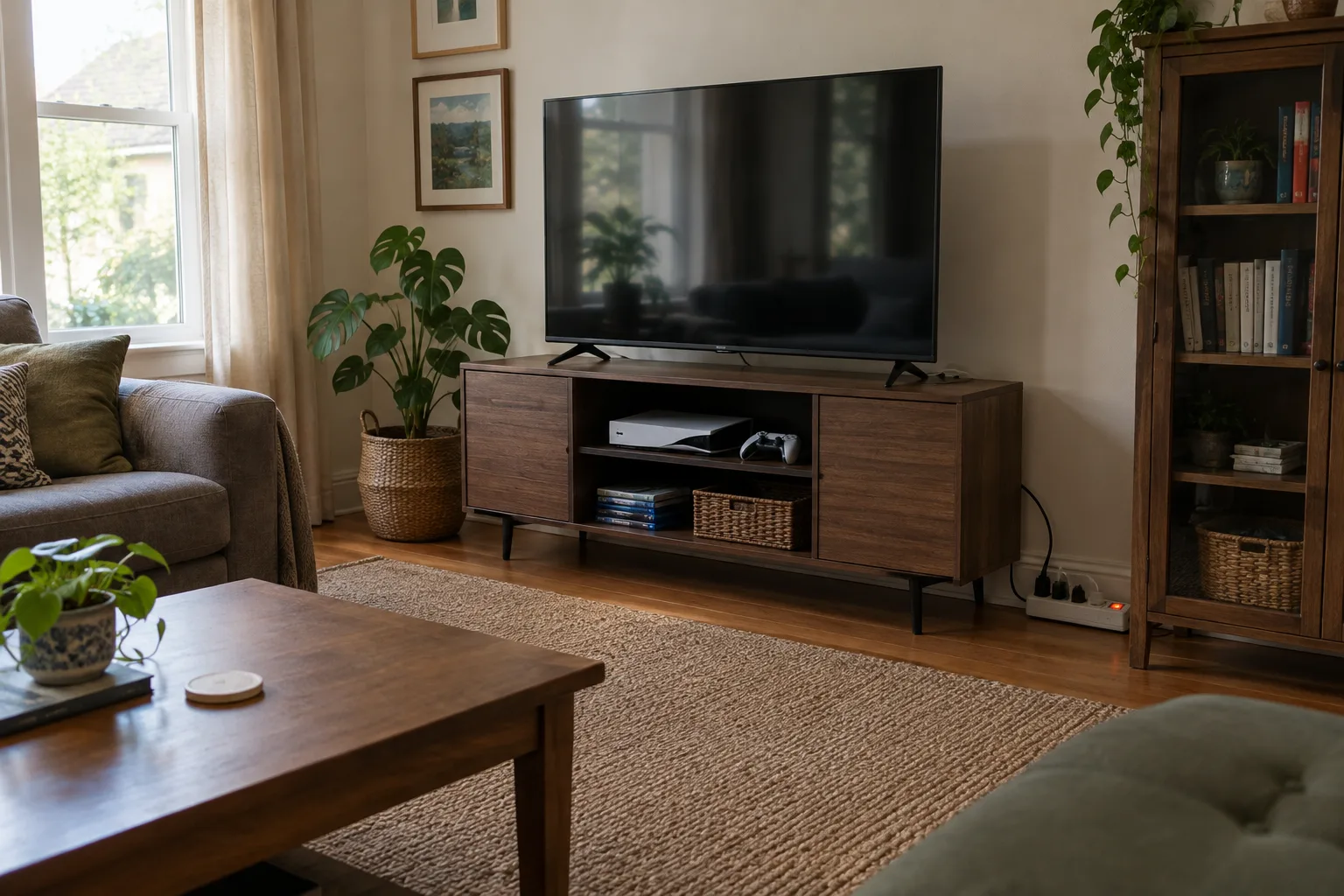 Télévision et console branchées sur une multiprise avec interrupteur dans un salon.