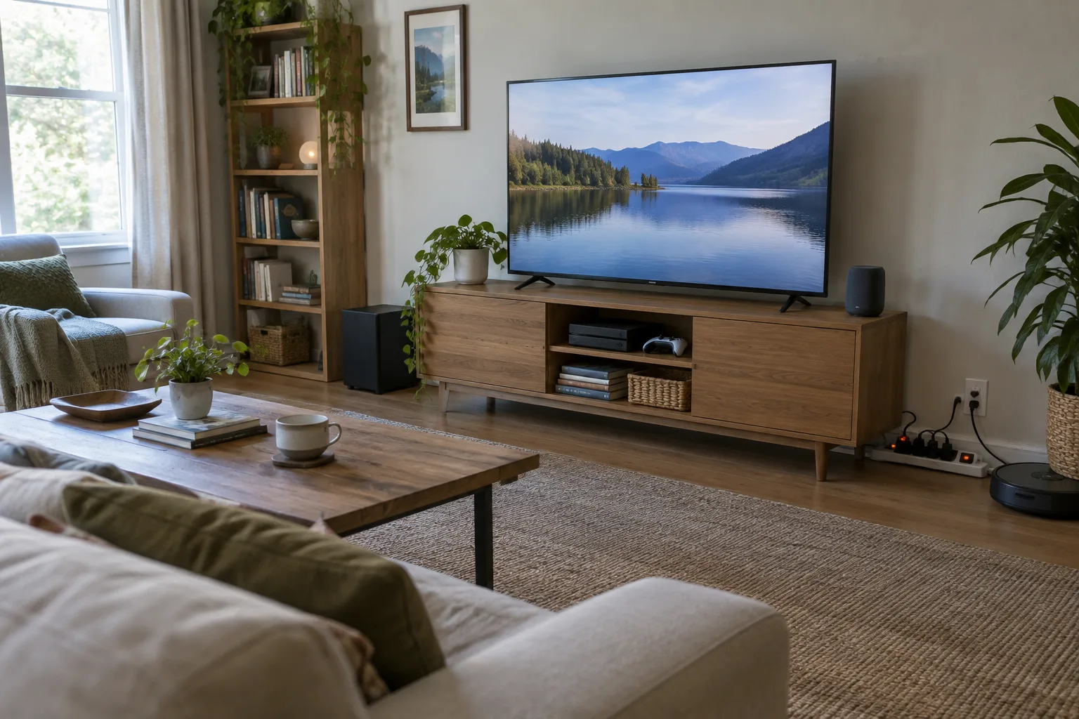 Une multiprise avec interrupteur alimente les appareils d’un coin télévision.