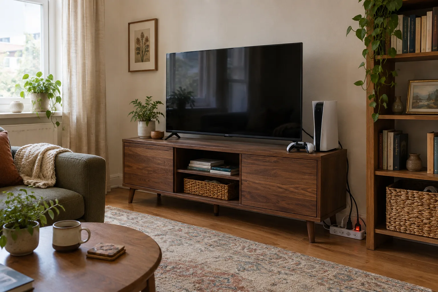Téléviseur et console reliés à une multiprise accessible dans un salon lumineux.