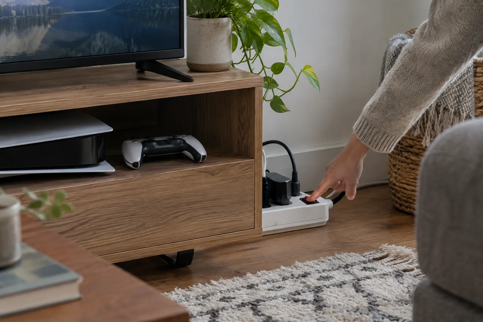 Une main éteint une multiprise près d’un téléviseur et d’une console.