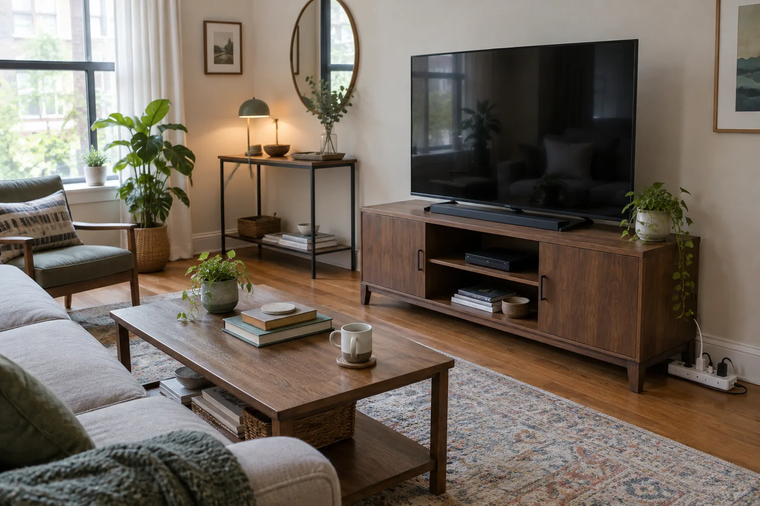 Un téléviseur et ses équipements sont branchés sur une multiprise dans un salon lumineux.