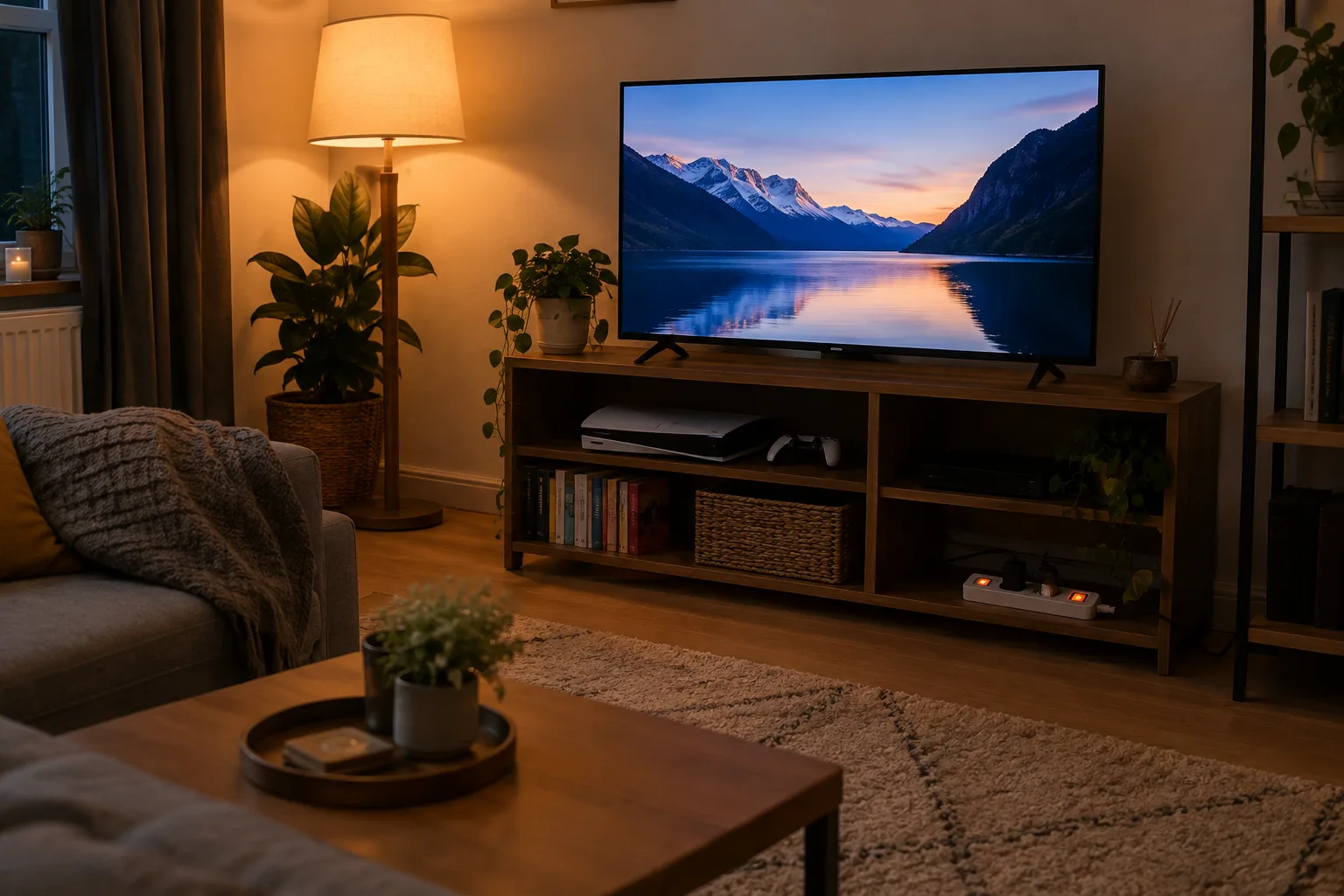 Un coin télévision avec une multiprise à interrupteur placée à proximité des appareils.