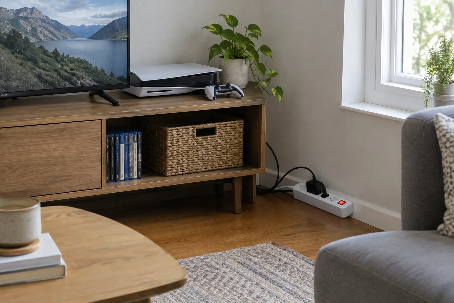 Une multiprise avec interrupteur près d’un téléviseur et d’une console dans un salon.