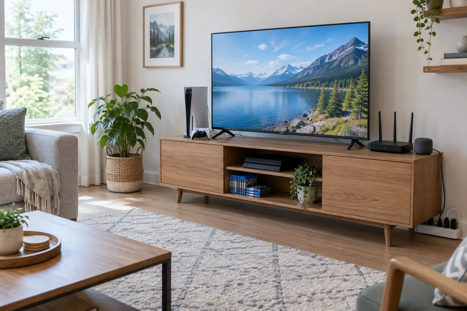 Télévision, console et enceinte branchées près d’une multiprise dans un salon lumineux.