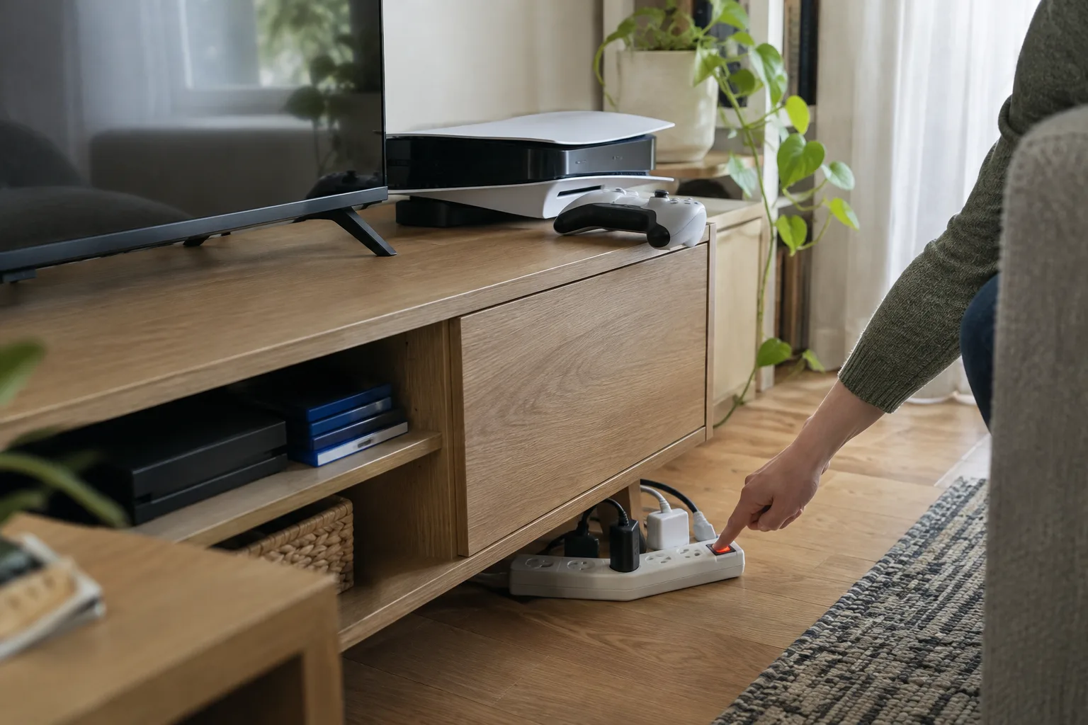 Une main actionne l’interrupteur d’une multiprise près d’un téléviseur et d’une console.