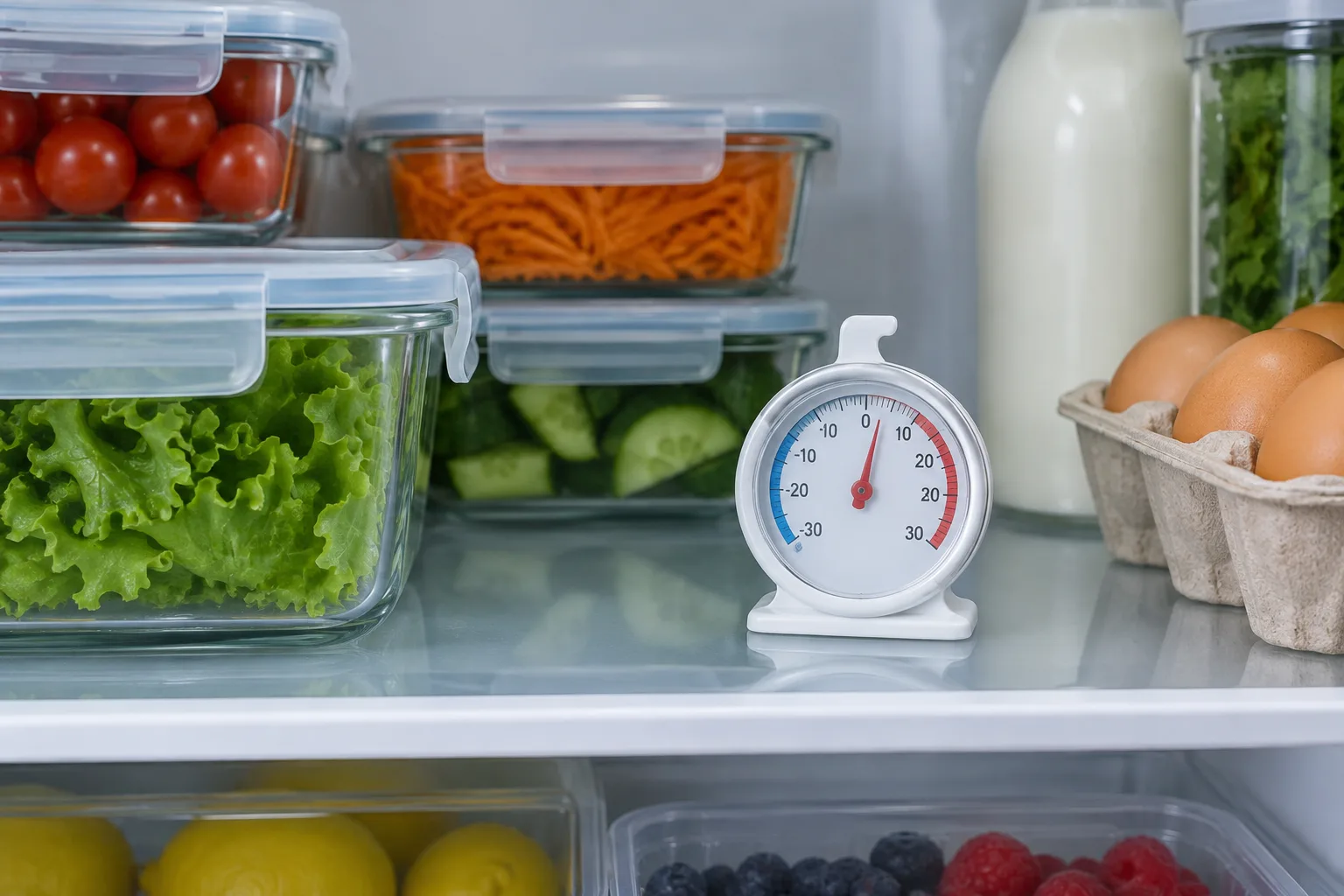 Un thermomètre de réfrigérateur posé sur une étagère entre des aliments rangés.