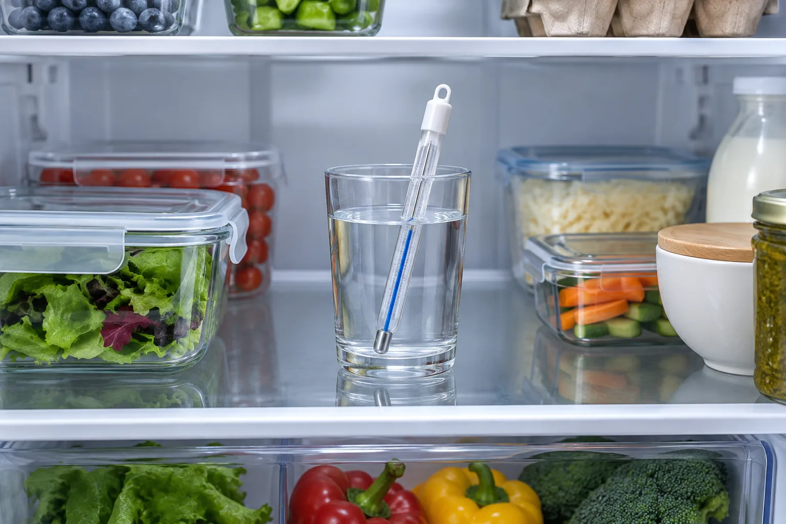 Un thermomètre dans un verre d’eau posé sur la clayette centrale d’un réfrigérateur.