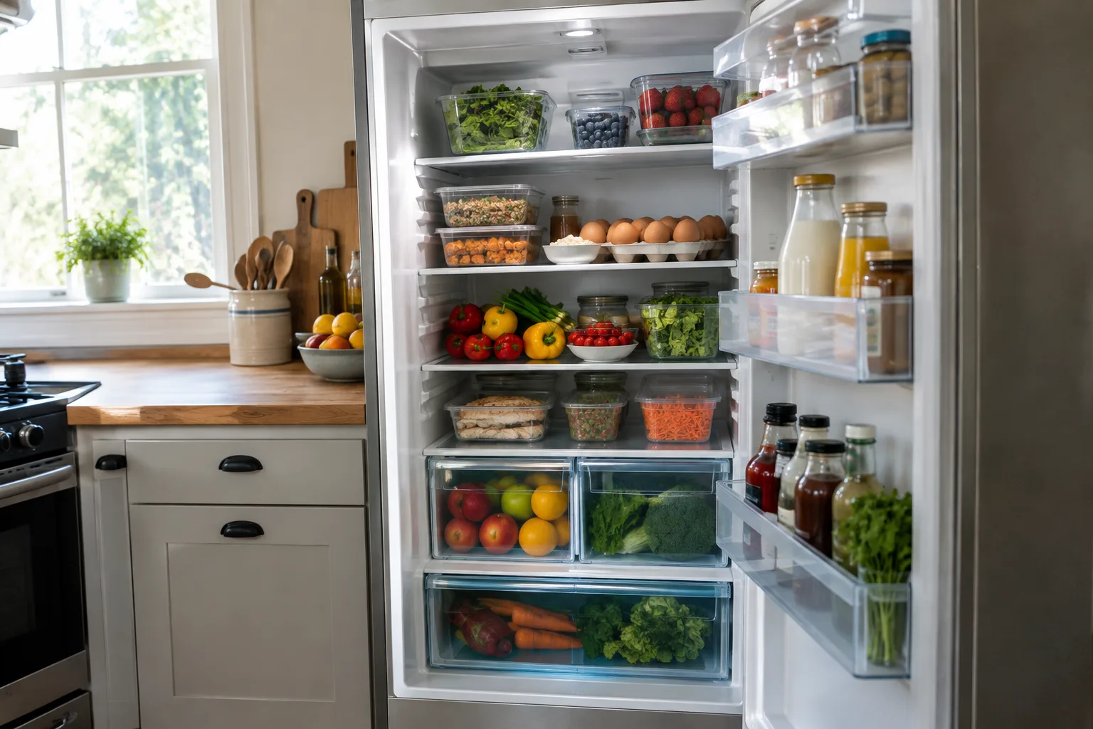 Réfrigérateur ouvert contenant des aliments rangés avec de l’espace pour laisser circuler l’air.