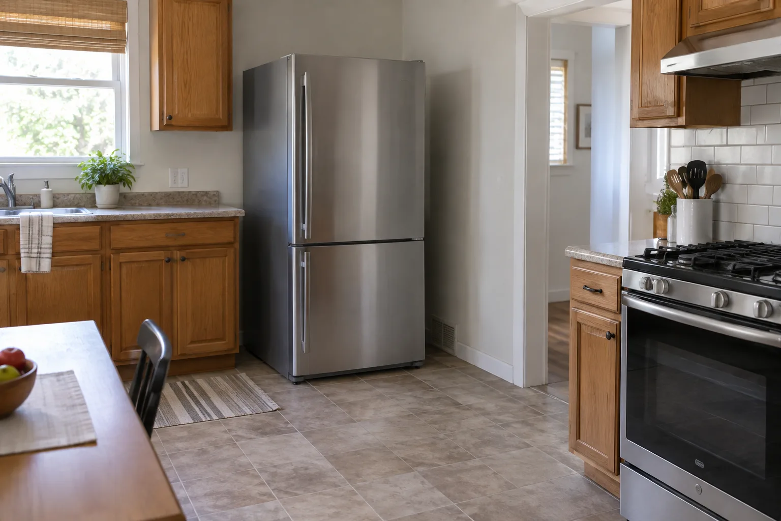 Un réfrigérateur installé à distance du four, avec un espace dégagé pour la ventilation.