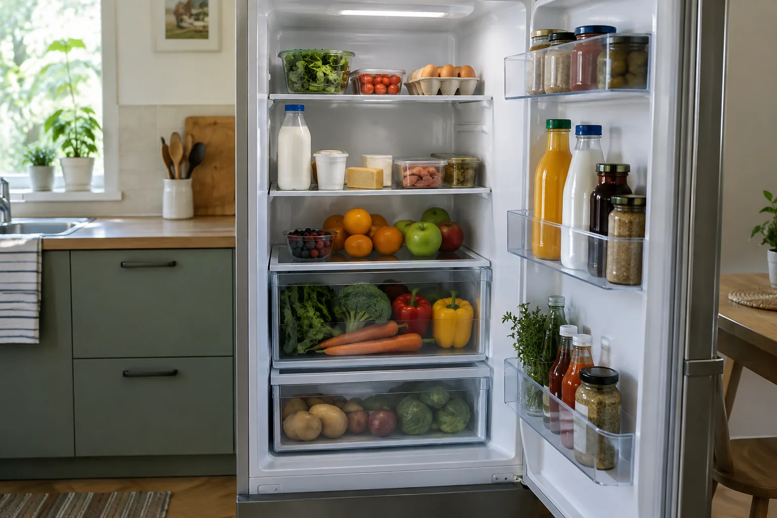 Un réfrigérateur ouvert avec des aliments rangés dans une cuisine lumineuse.