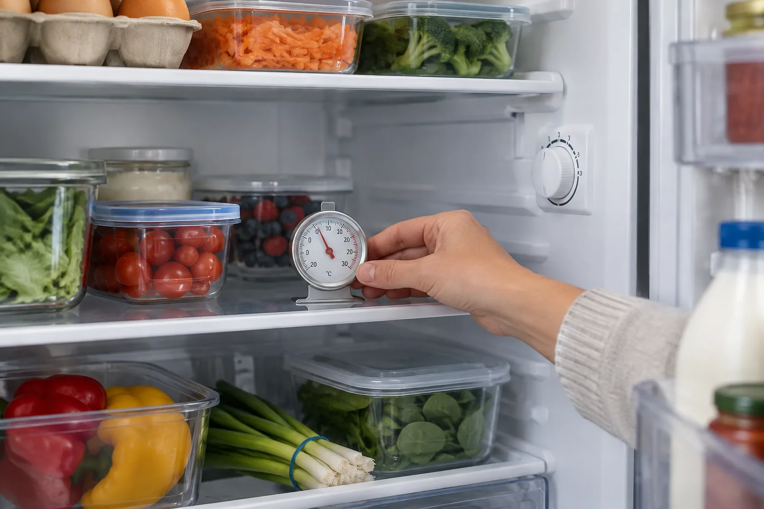 Un thermomètre placé sur une étagère du réfrigérateur permet de contrôler le froid.