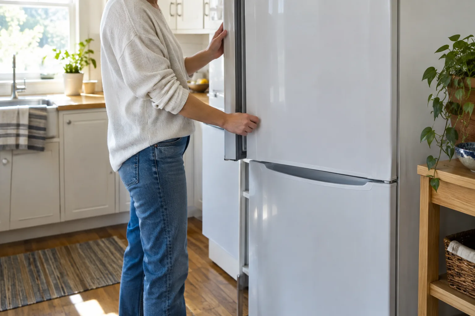 Une personne vérifie le joint de la porte d’un réfrigérateur dans une cuisine lumineuse.