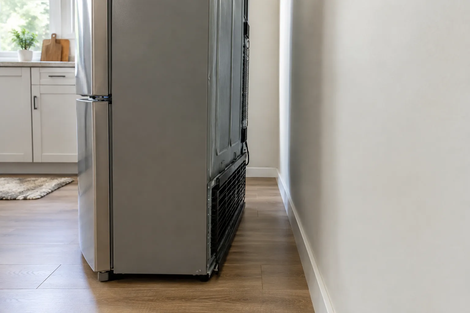Espace dégagé entre un réfrigérateur et le mur de la cuisine.
