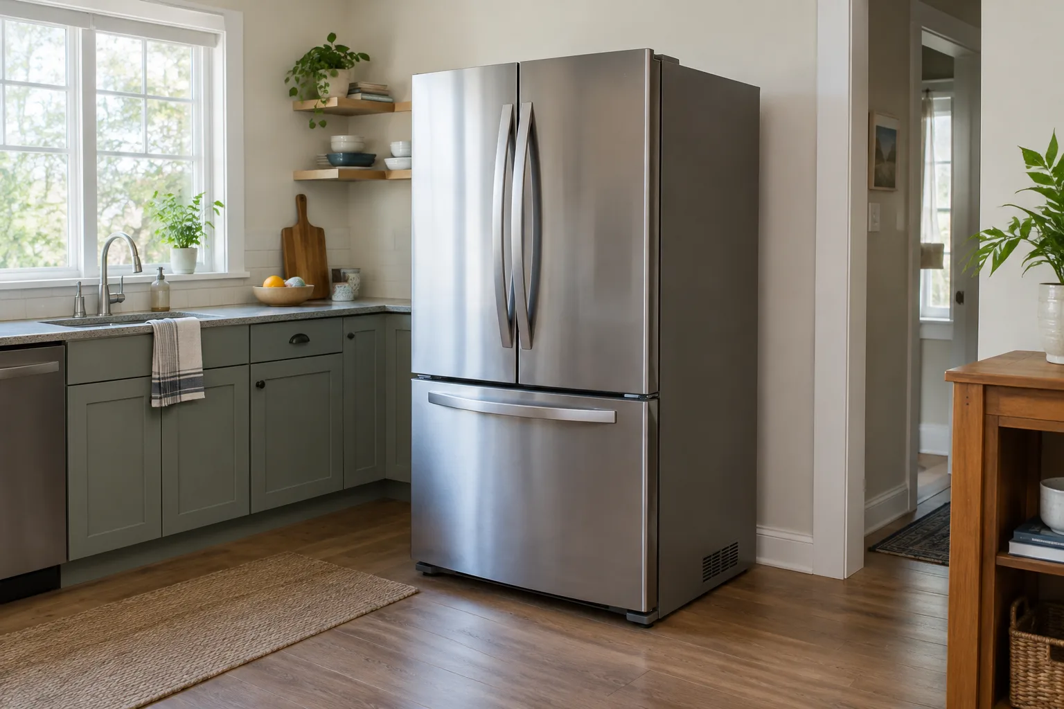 Réfrigérateur installé dans une cuisine avec de l’espace autour pour favoriser son aération.