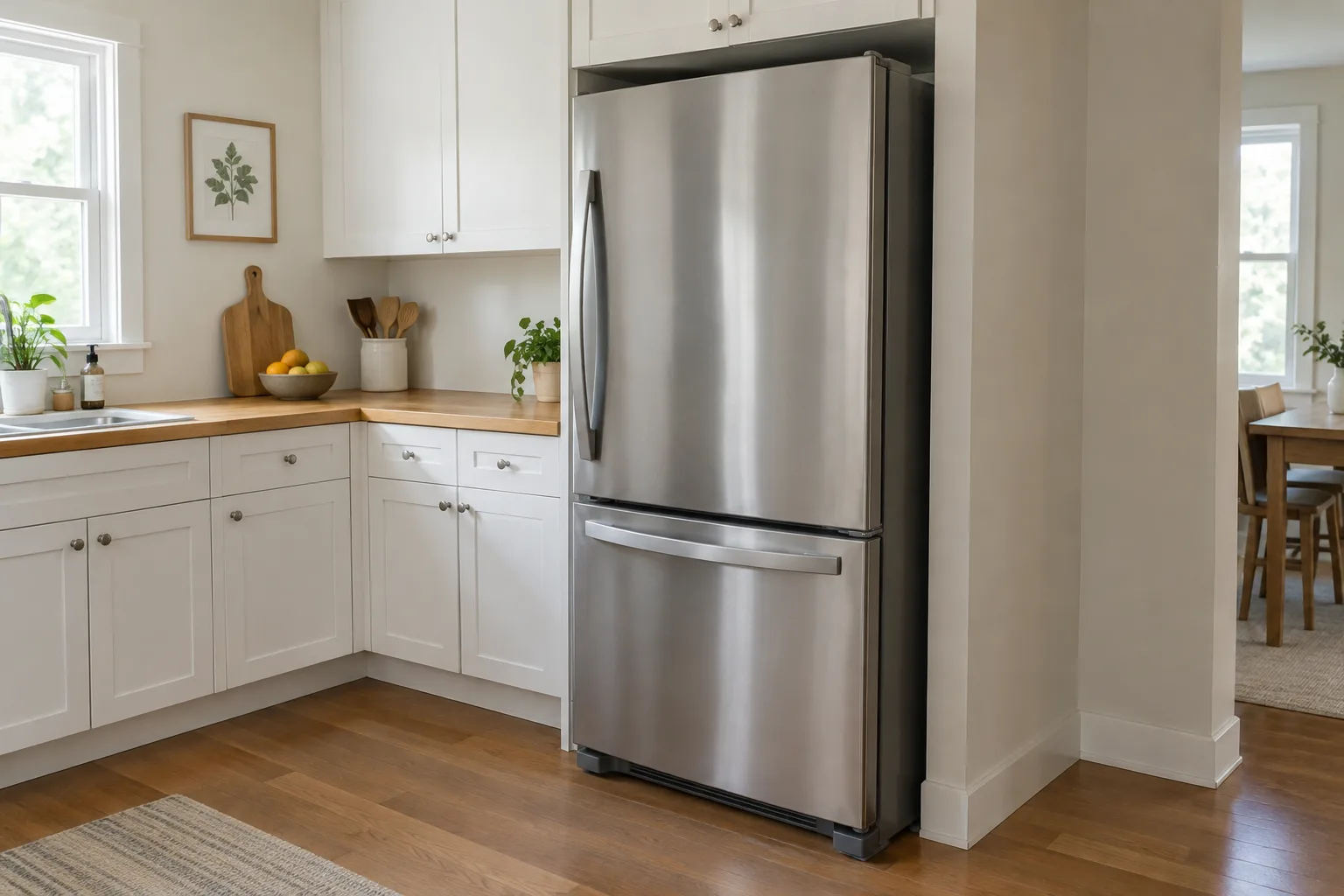 Réfrigérateur installé dans une cuisine avec un espace dégagé autour de l’appareil.