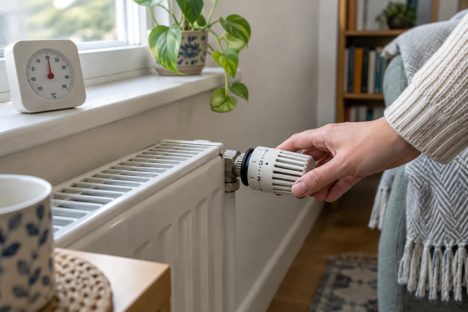 Une main vérifie le robinet thermostatique d’un radiateur, près d’un thermomètre d’intérieur.