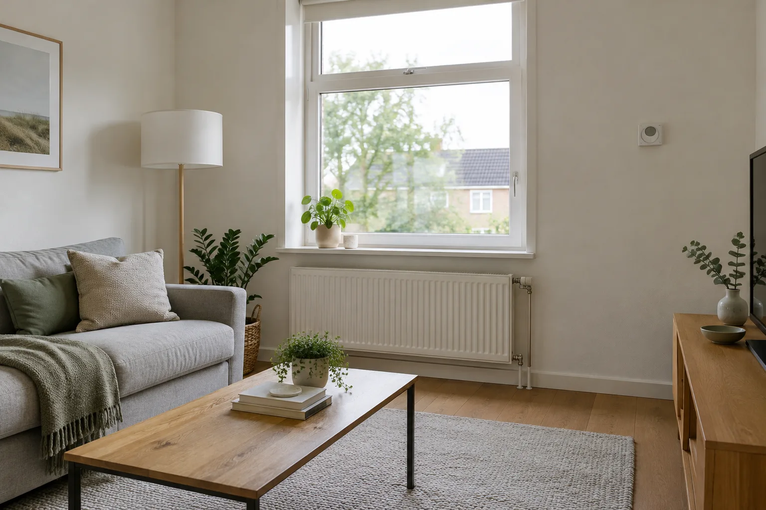 Un radiateur sous une fenêtre et un thermostat mural dans un salon lumineux.