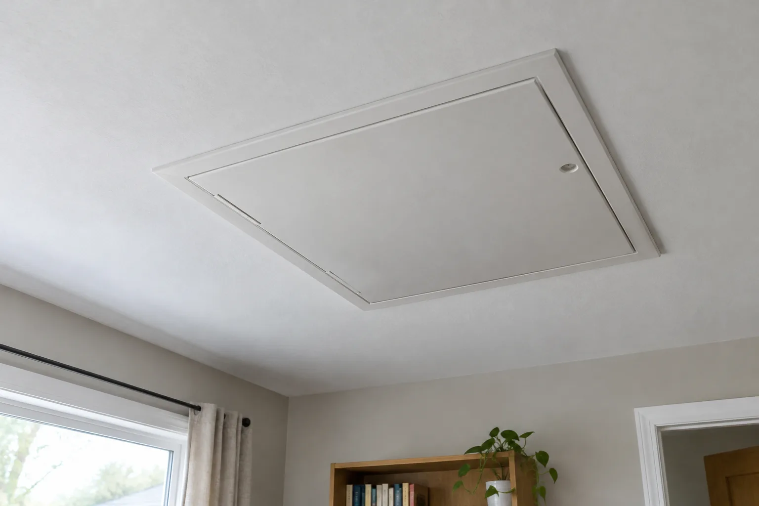 Trappe d’accès aux combles fermée dans le plafond d’une pièce lumineuse.