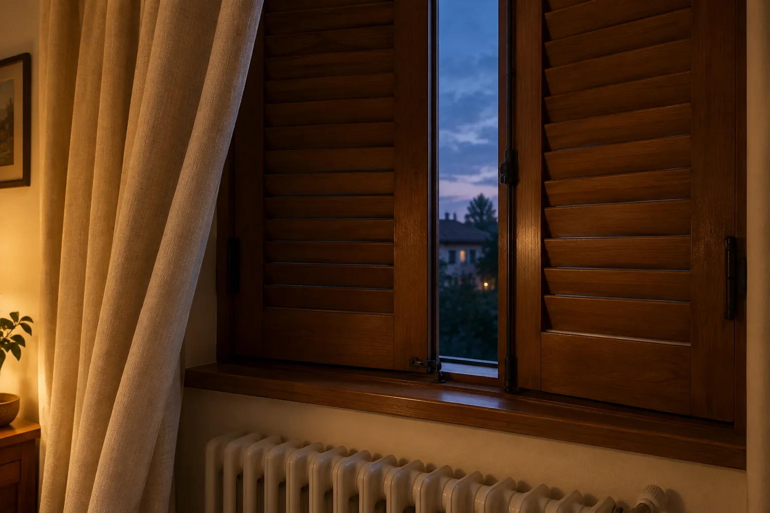 Volets en bois que l’on ferme au crépuscule depuis l’intérieur d’un logement.