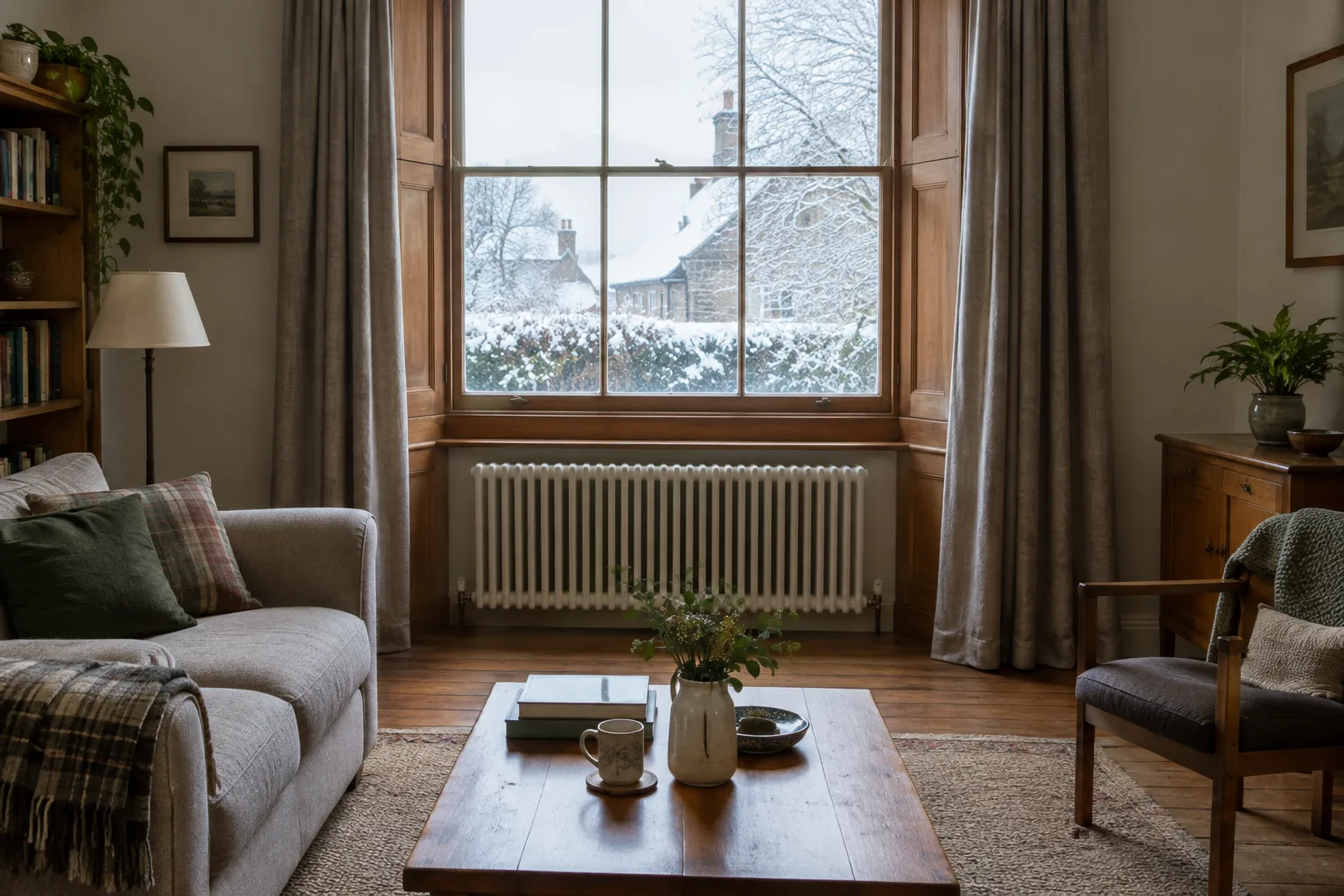 Volets fermés devant une fenêtre en hiver, avec un radiateur dégagé sous le rideau.