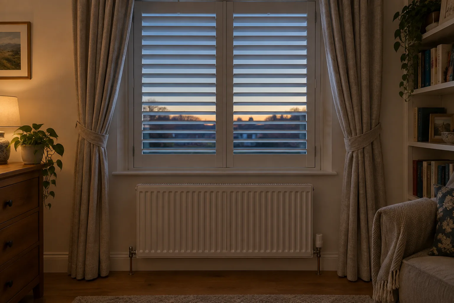 Volets fermés à la tombée du jour, rideaux tirés sur les côtés et radiateur entièrement dégagé.
