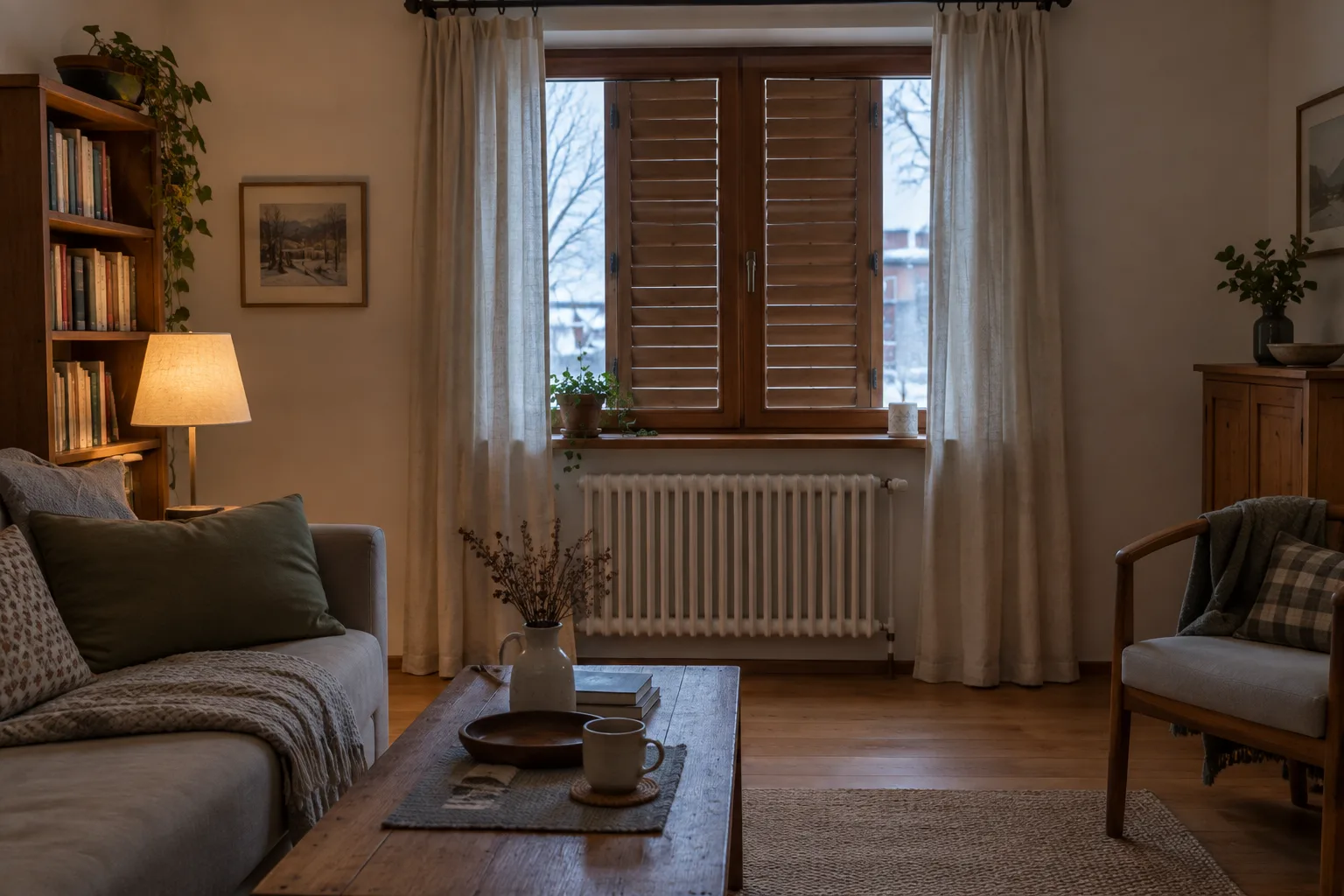 Fenêtre équipée de volets fermés et de rideaux, avec un radiateur dégagé en dessous.