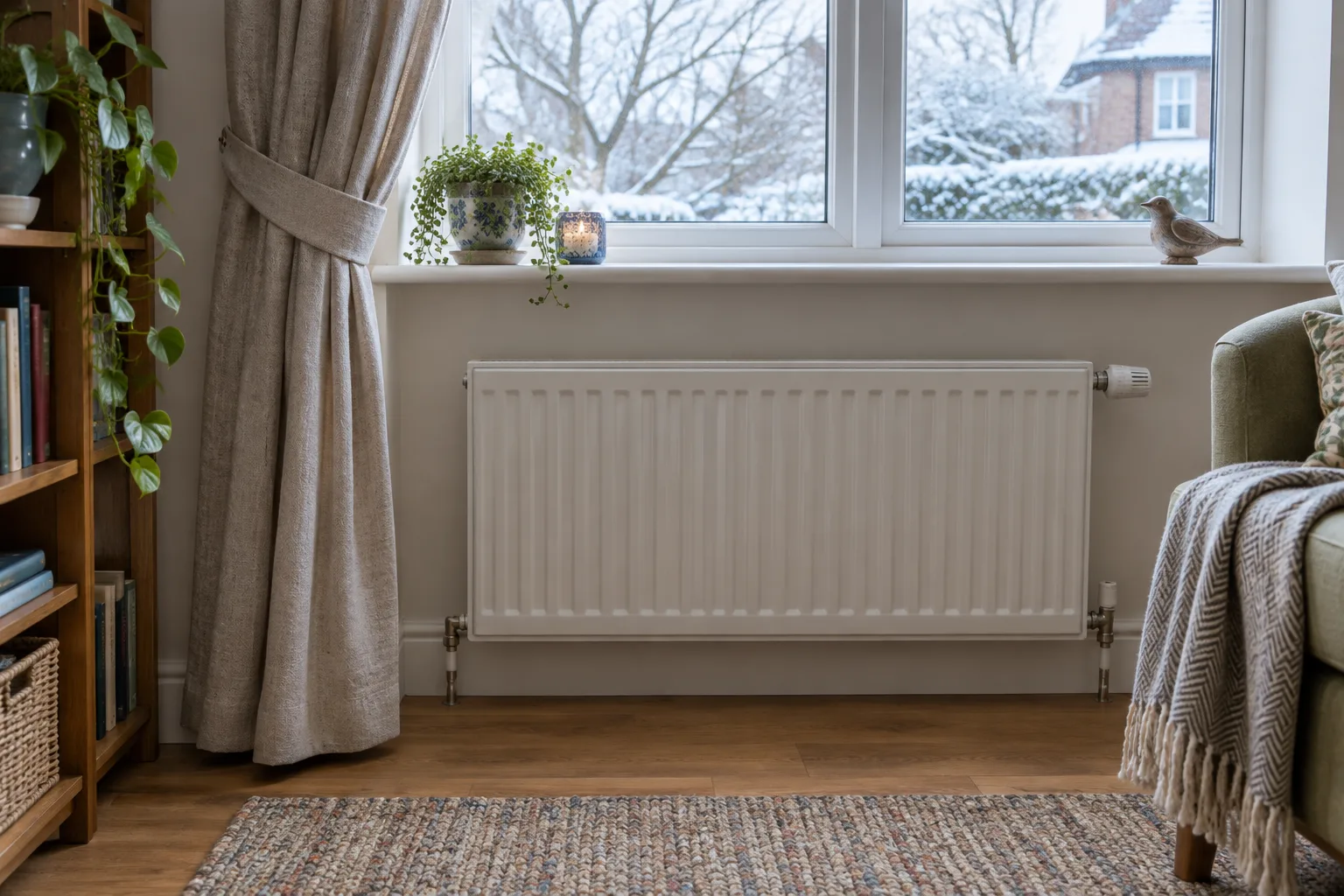 Un rideau est maintenu sur le côté pour ne pas couvrir le radiateur.