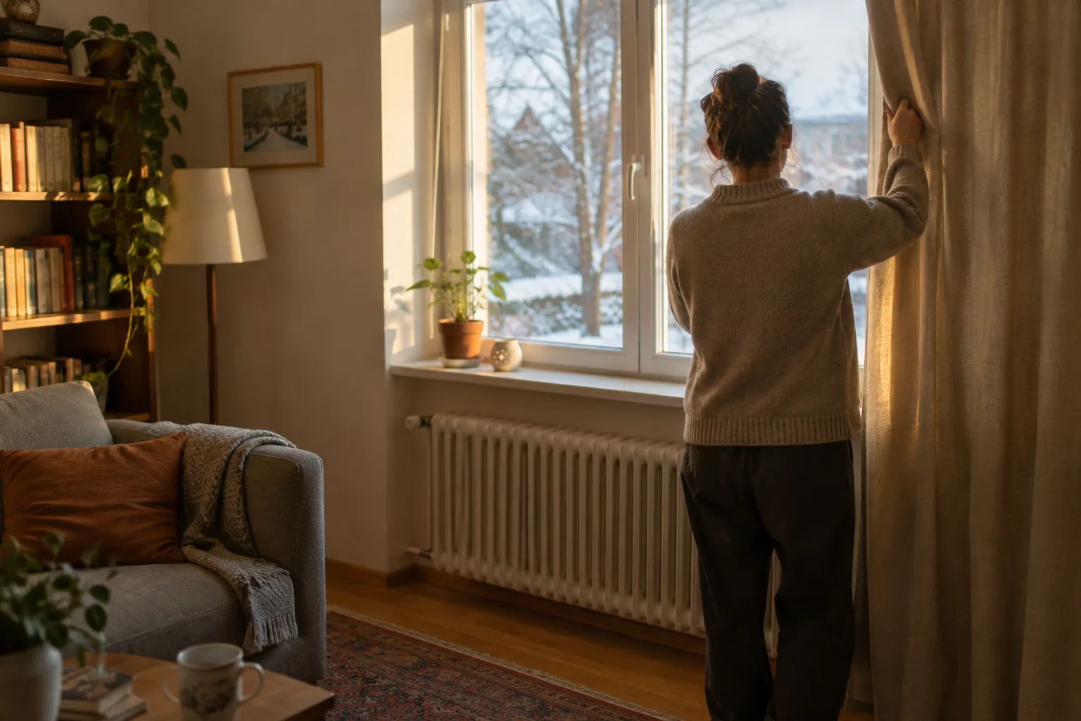 Un rideau est fermé près d’une fenêtre en hiver, tandis que le radiateur reste dégagé.